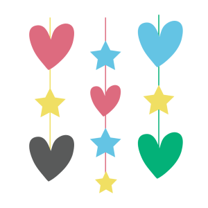 A mobile of hearts and stars on strings in the colors of the disability pride flag